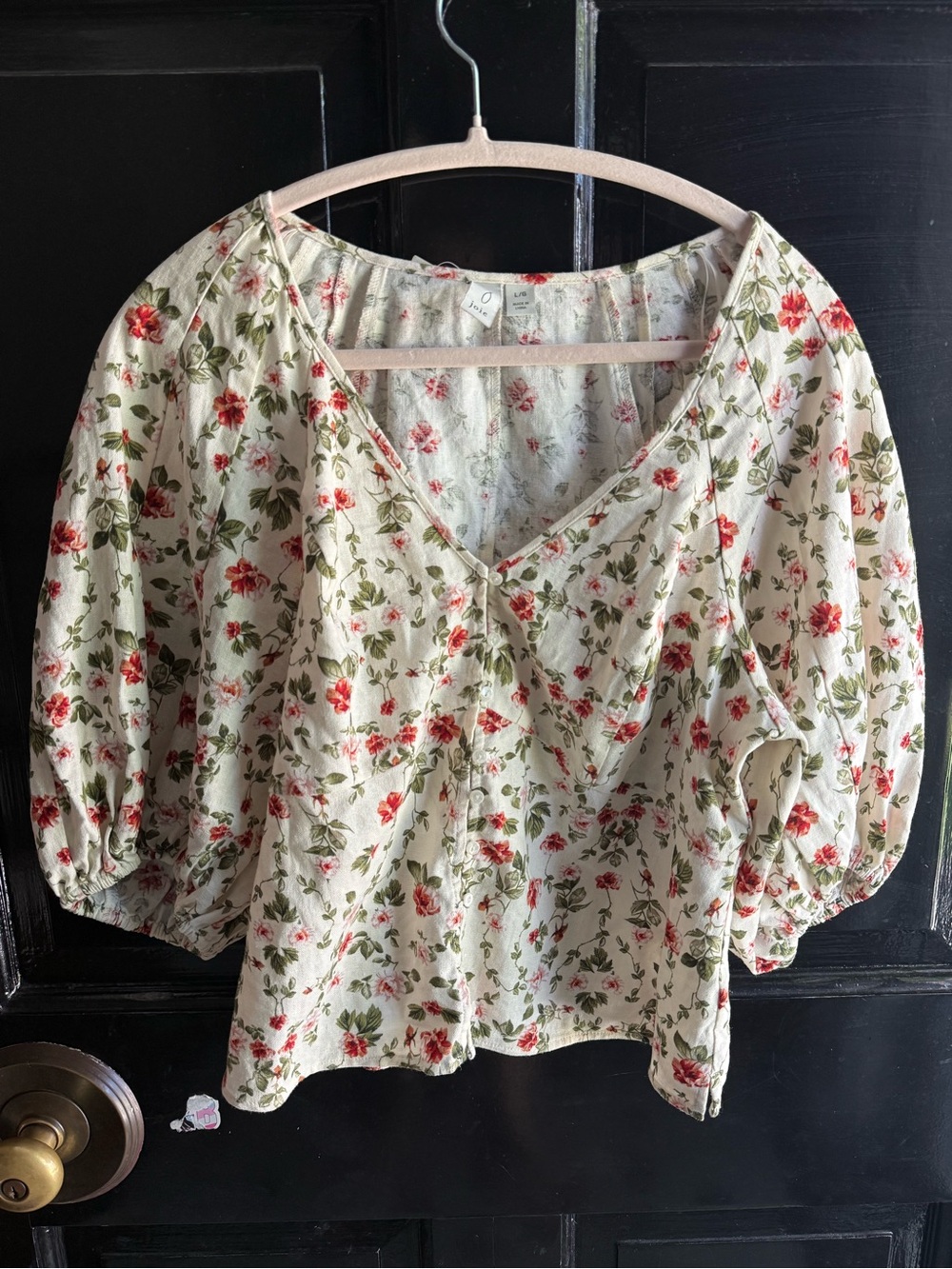 Joie Cream V-Neck Floral Blouse with Red and Green Print